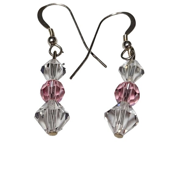 Crystal & Pink BeadeElegant Retro Pink Clear Crystal Beaded Dangle Drop Earrings - Picture 2 of 4